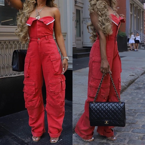 Pants - Red Denim Cargo Jumpsuit